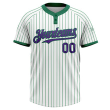 Load image into Gallery viewer, Custom White Kelly Green Pinstripe Purple Two-Button Unisex Softball Jersey

