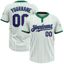 Load image into Gallery viewer, Custom White Kelly Green Pinstripe Purple Two-Button Unisex Softball Jersey
