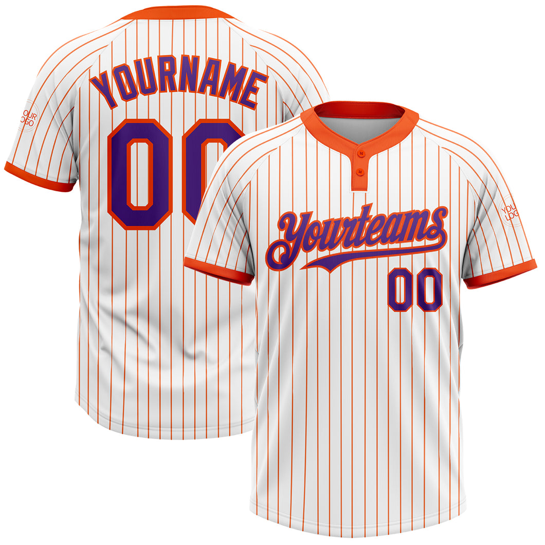 Custom White Orange Pinstripe Purple Two-Button Unisex Softball Jersey