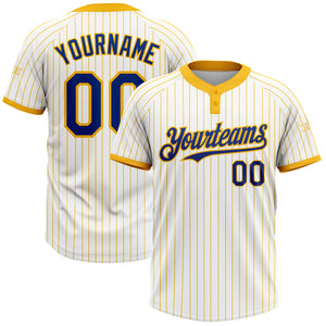 Custom White Gold Pinstripe Royal Two-Button Unisex Softball Jersey