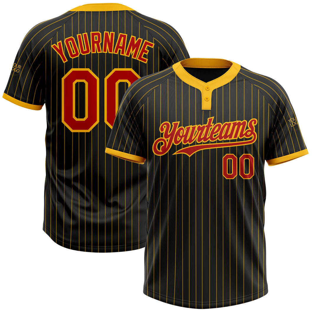 Custom Black Gold Pinstripe Red Two-Button Unisex Softball Jersey