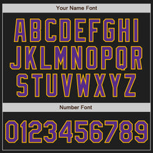 Load image into Gallery viewer, Custom Black Gold Pinstripe Purple Two-Button Unisex Softball Jersey
