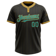 Load image into Gallery viewer, Custom Black Old Gold Pinstripe Teal Two-Button Unisex Softball Jersey
