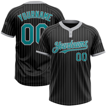 Custom Black Gray Pinstripe Teal Two-Button Unisex Softball Jersey