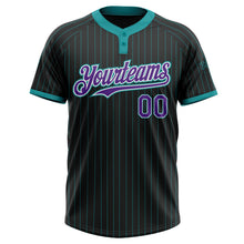 Load image into Gallery viewer, Custom Black Teal Pinstripe Purple-White Two-Button Unisex Softball Jersey
