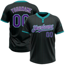 Load image into Gallery viewer, Custom Black Teal Pinstripe Purple-White Two-Button Unisex Softball Jersey
