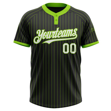 Custom Black Neon Green Pinstripe White Two-Button Unisex Softball Jersey