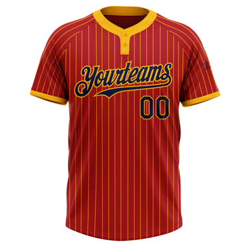 Custom Red Gold Pinstripe Navy Two-Button Unisex Softball Jersey