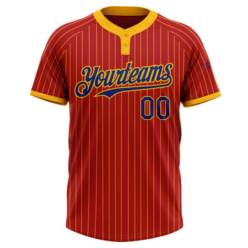Custom Red Gold Pinstripe Royal Two-Button Unisex Softball Jersey