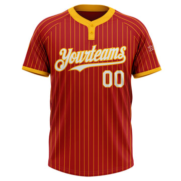 Custom Red Gold Pinstripe White Two-Button Unisex Softball Jersey