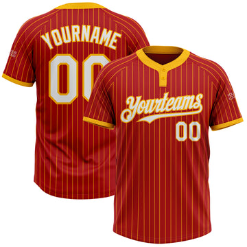 Custom Red Gold Pinstripe White Two-Button Unisex Softball Jersey