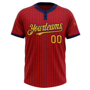 Custom Red Navy Pinstripe Gold Two-Button Unisex Softball Jersey