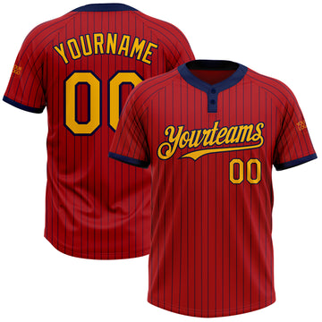 Custom Red Navy Pinstripe Gold Two-Button Unisex Softball Jersey