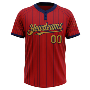 Custom Red Navy Pinstripe Old Gold Two-Button Unisex Softball Jersey