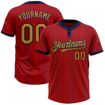 Custom Red Navy Pinstripe Old Gold Two-Button Unisex Softball Jersey