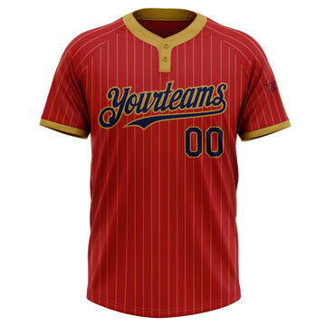 Custom Red Old Gold Pinstripe Navy Two-Button Unisex Softball Jersey
