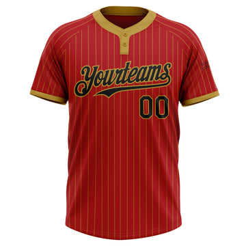 Custom Red Old Gold Pinstripe Black Two-Button Unisex Softball Jersey