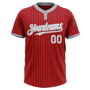 Custom Red Gray Pinstripe White Two-Button Unisex Softball Jersey