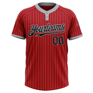 Custom Red Gray Pinstripe Black Two-Button Unisex Softball Jersey