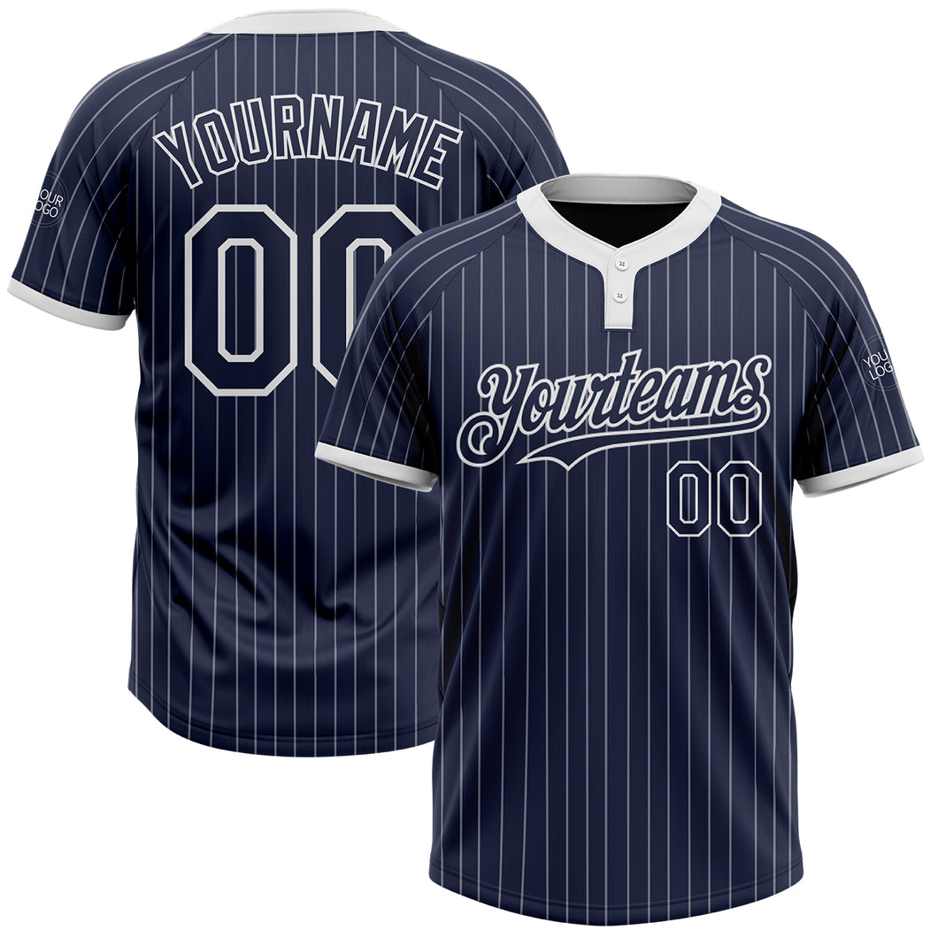 Custom Navy White Pinstripe White Two-Button Unisex Softball Jersey