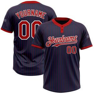 Custom Navy Red Pinstripe White Two-Button Unisex Softball Jersey