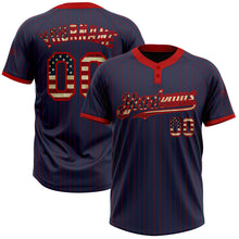 Load image into Gallery viewer, Custom Navy Red Pinstripe Vintage USA Flag Two-Button Unisex Softball Jersey
