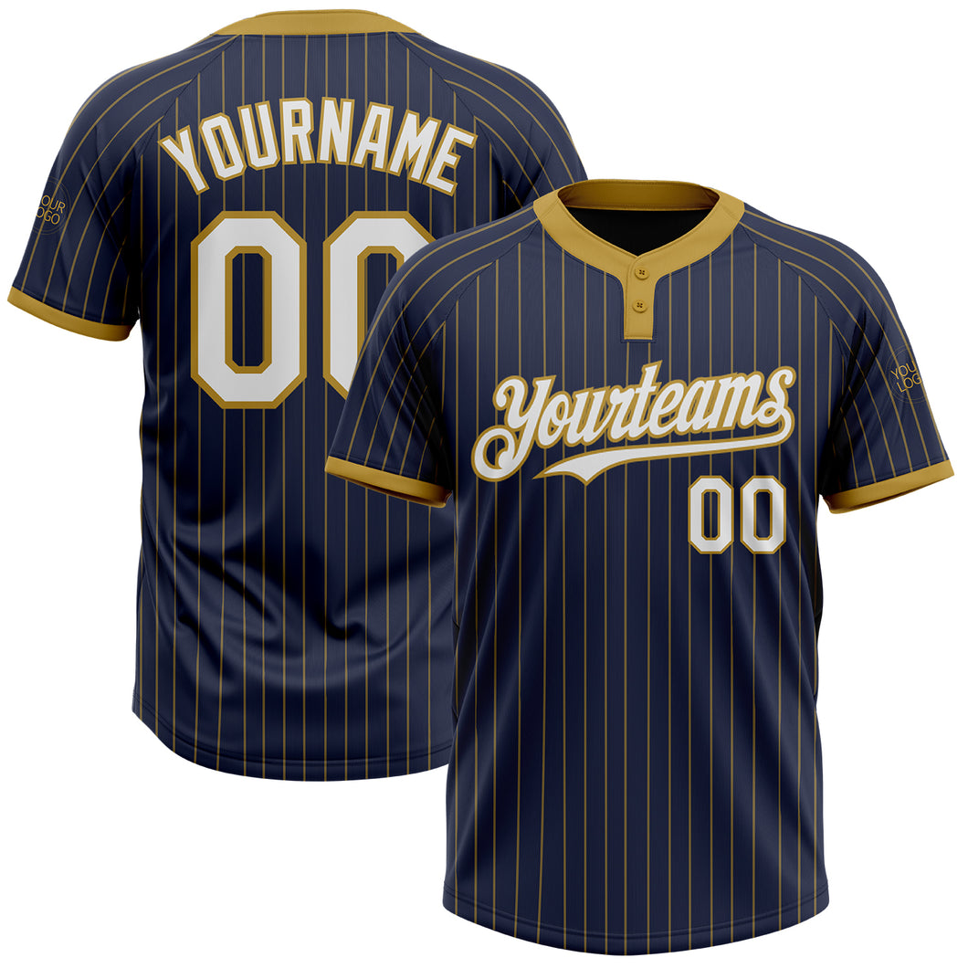 Custom Navy Old Gold Pinstripe White Two-Button Unisex Softball Jersey