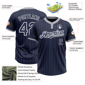 Custom Navy Gray Pinstripe White Two-Button Unisex Softball Jersey