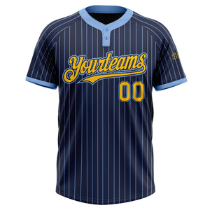 Custom Navy Light Blue Pinstripe Yellow Two-Button Unisex Softball Jersey