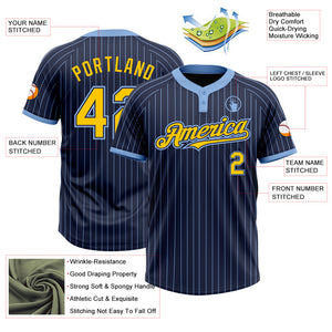 Custom Navy Light Blue Pinstripe Yellow Two-Button Unisex Softball Jersey