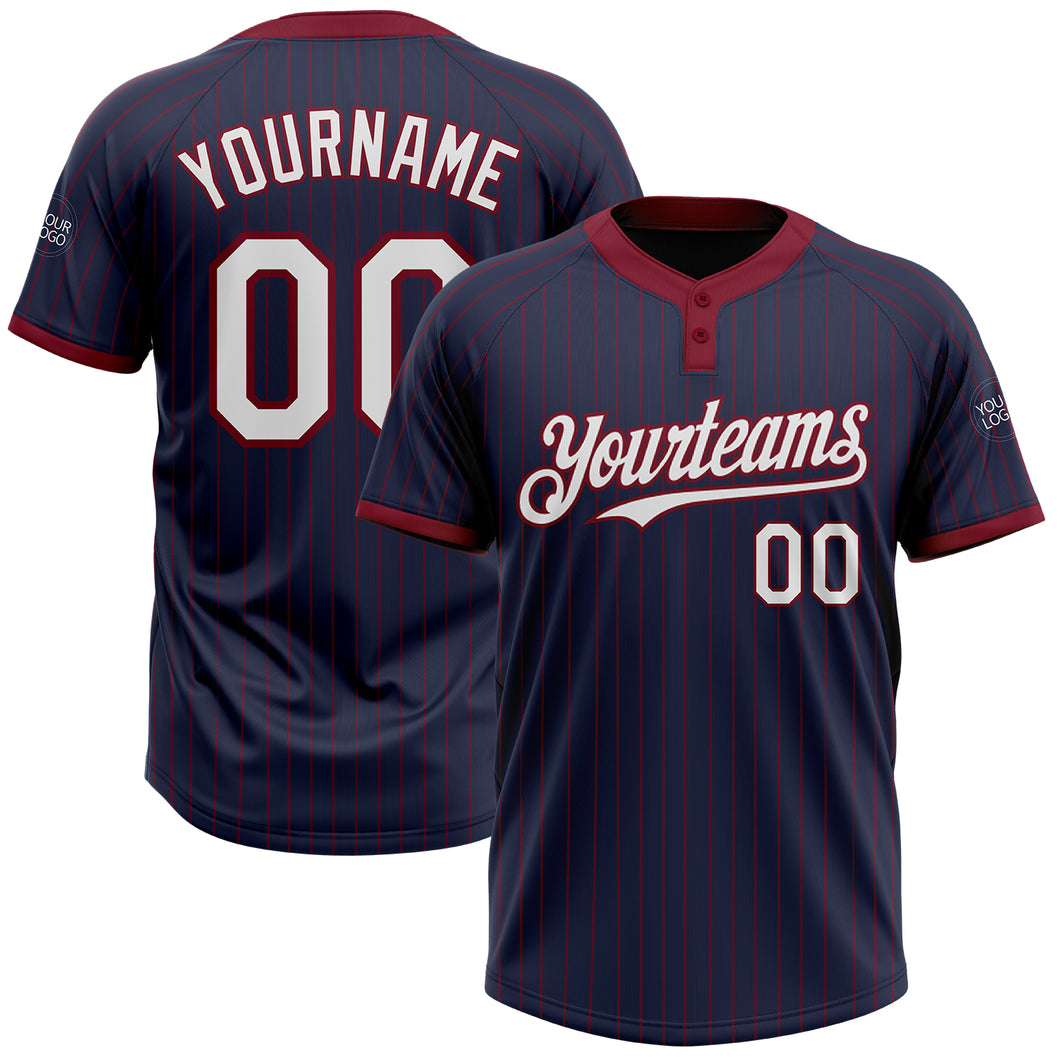 Custom Navy Crimson Pinstripe White Two-Button Unisex Softball Jersey