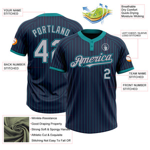 Custom Navy Teal Pinstripe Gray Two-Button Unisex Softball Jersey