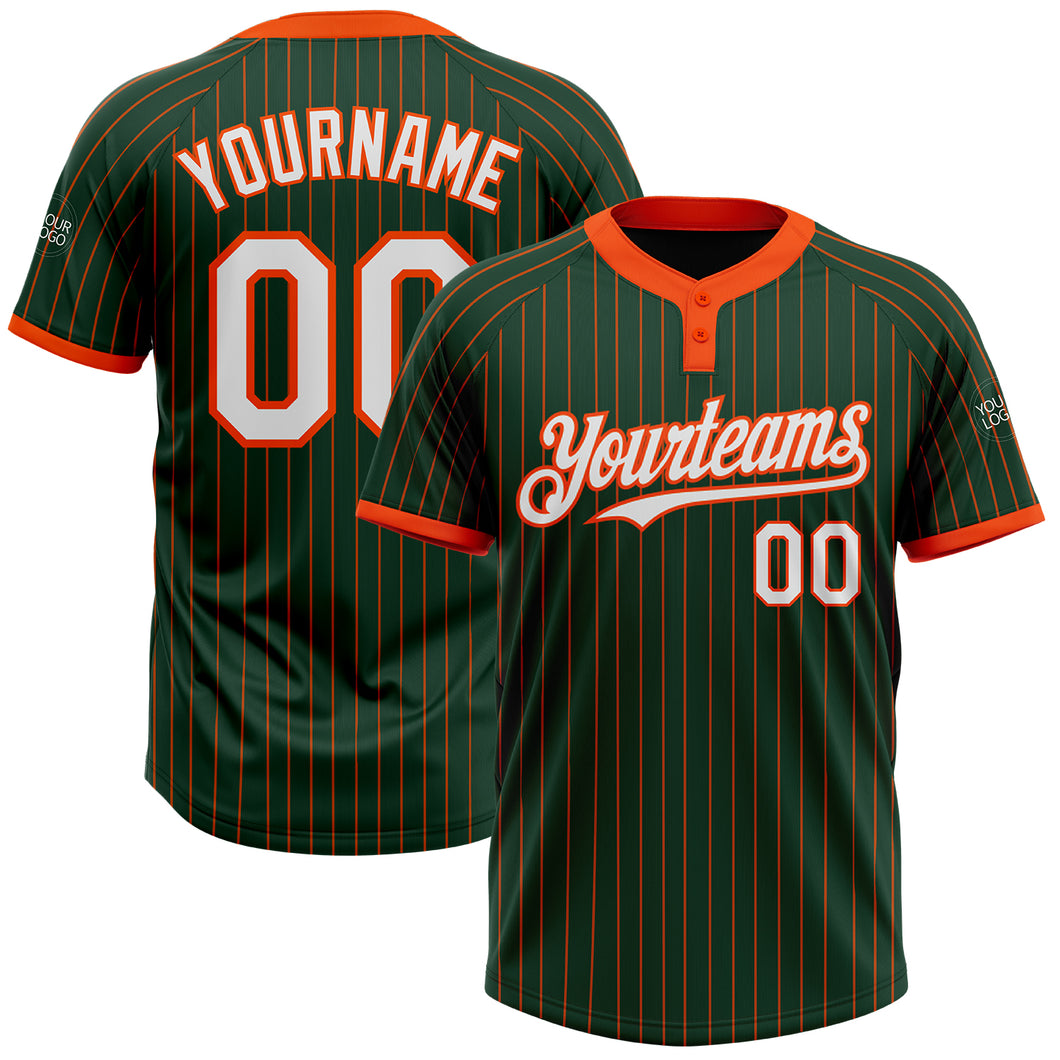 Custom Green Orange Pinstripe White Two-Button Unisex Softball Jersey