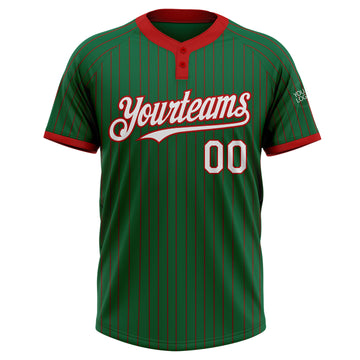 Custom Kelly Green Red Pinstripe White Two-Button Unisex Softball Jersey