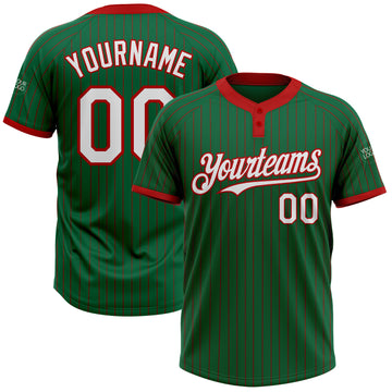Custom Kelly Green Red Pinstripe White Two-Button Unisex Softball Jersey