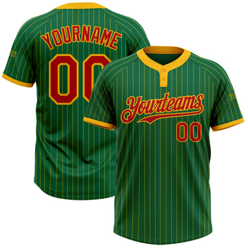 Custom Kelly Green Gold Pinstripe Red Two-Button Unisex Softball Jersey