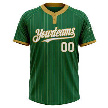 Custom Kelly Green Old Gold Pinstripe White Two-Button Unisex Softball Jersey
