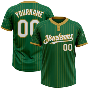 Custom Kelly Green Old Gold Pinstripe White Two-Button Unisex Softball Jersey