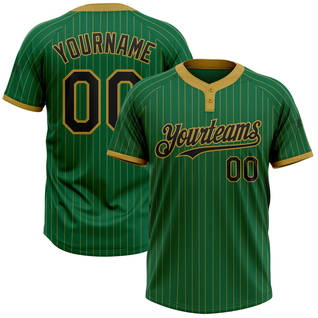 Custom Kelly Green Old Gold Pinstripe Black Two-Button Unisex Softball Jersey