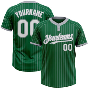 Custom Kelly Green Gray Pinstripe White Two-Button Unisex Softball Jersey