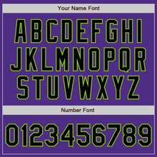 Load image into Gallery viewer, Custom Purple Black Pinstripe Neon Green Two-Button Unisex Softball Jersey
