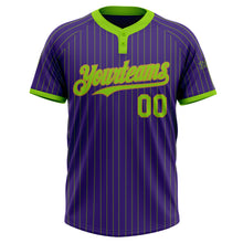 Load image into Gallery viewer, Custom Purple Neon Green Pinstripe Old Gold Two-Button Unisex Softball Jersey
