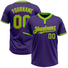 Load image into Gallery viewer, Custom Purple Neon Green Pinstripe Old Gold Two-Button Unisex Softball Jersey
