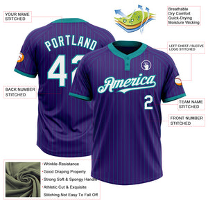 Custom Purple Teal Pinstripe White Two-Button Unisex Softball Jersey