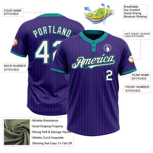 Custom Purple Teal Pinstripe White-Black Two-Button Unisex Softball Jersey