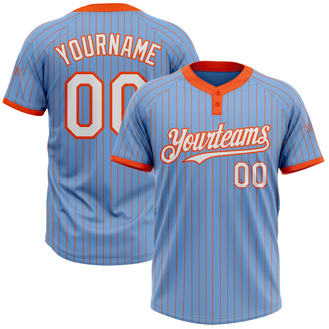 Custom Light Blue Orange Pinstripe White Two-Button Unisex Softball Jersey