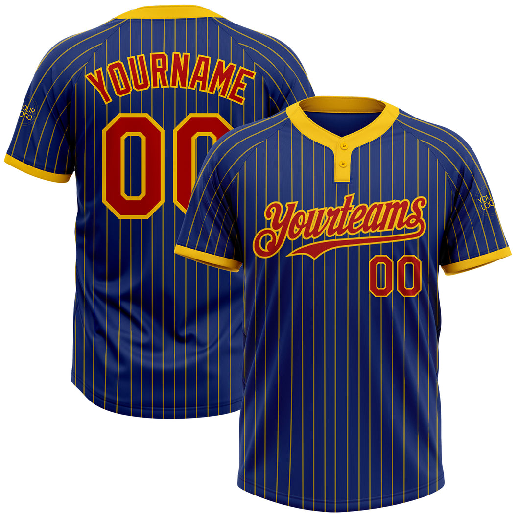 Custom Royal Yellow Pinstripe Red Two-Button Unisex Softball Jersey