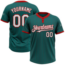 Load image into Gallery viewer, Custom Teal Red Pinstripe White Two-Button Unisex Softball Jersey
