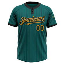 Load image into Gallery viewer, Custom Teal Black Pinstripe Old Gold Two-Button Unisex Softball Jersey
