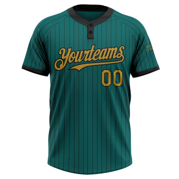 Custom Teal Black Pinstripe Old Gold Two-Button Unisex Softball Jersey